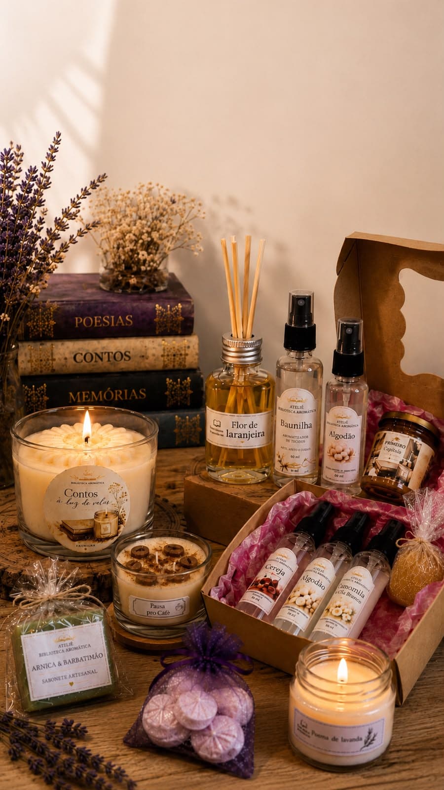 Produtos artesanais do Ateliê Biblioteca Aromática